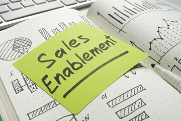 Note with sales enablement in a notebook with records. Sales strategy.
