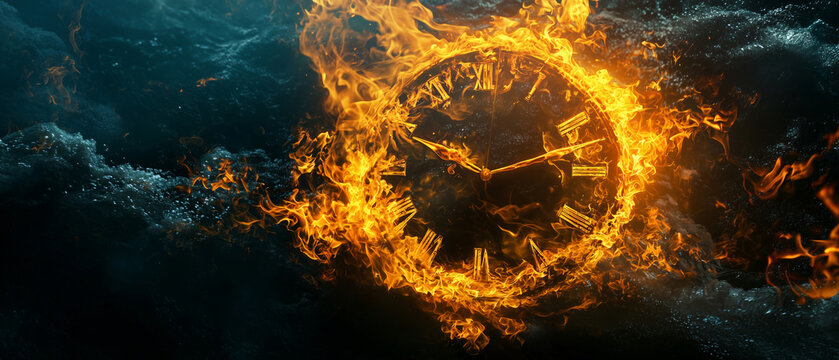 A clock made of fire is floating in the air, with flames swirling around it. The background features dark blue water and black ground. Chaotic and rapidly shifting concept out of time.