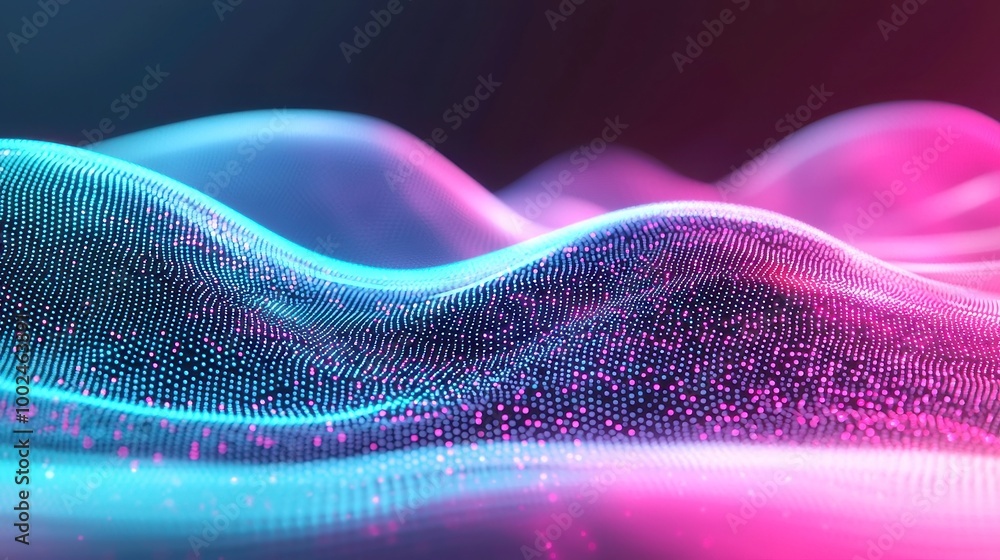 Poster fluid motion of vibrant particles creating an immersive wavy background, showcasing dynamic interpla