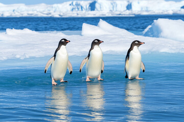 Fototapeta premium A group of three penguins standing on ice near the water in Antarctica