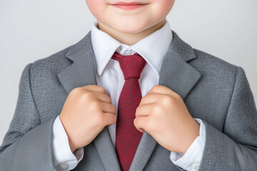 Close-up of a young child wearing a formal gray suit and red tie, adjusting their jacket with a confident expression