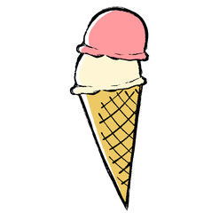 筆タッチのコーンにのった二段重ねのアイスクリームのイラスト