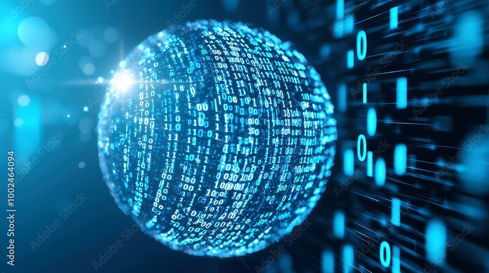 Poster abstract luminous sphere displaying flowing binary code, representing advancements in science and co