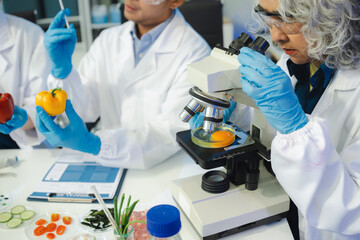 Fototapeta premium Team Microbiologists Analyzing Molecular Samples in Advanced Food Science Laboratory, Dietitian food and medicine.