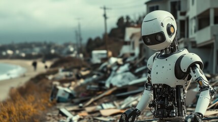 AI robots assisting in natural disaster management, from landslides to earthquakes, providing critical support to rescue crews