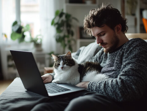 Cozy afternoon with a pet cat while working on a laptop in a sunlit living room