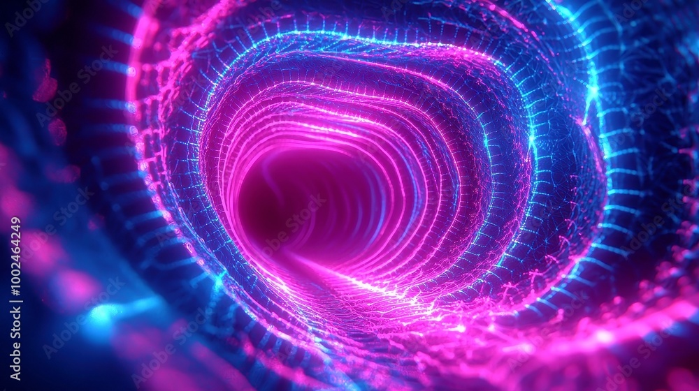 Poster dynamic swirling tunnel of vibrant fractal patterns, pulsating colors blend seamlessly, creating an 