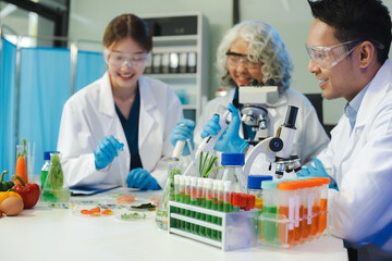 Team Microbiologists Analyzing Molecular Samples in Advanced Food Science Laboratory, Dietitian food and medicine.