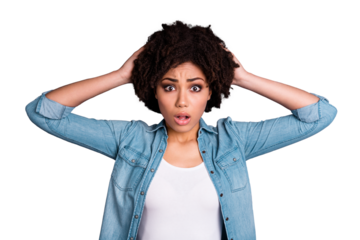 Portrait of frustrated panic teen teenager disappointed astonished impressed news information unbelievable unexpected dressed modern denim outfit isolated touch hands head grey background