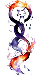 Watercolor Illustration of a Cat with a Flame Tail