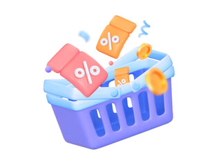 3D illustration of coupons, coins and discounts in the cart for online store shop.