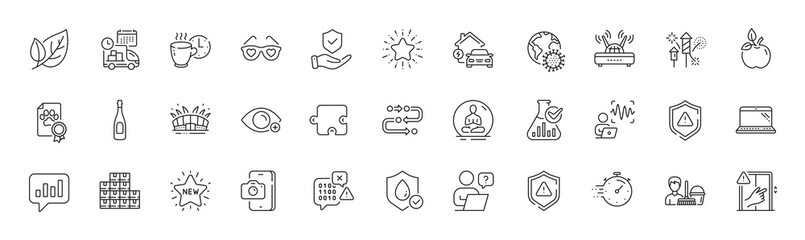 Timer, Champagne and Binary code line icons. Pack of Cleaning service, Puzzle, New star icon. Phone photo, Wholesale inventory, Delivery pictogram. Fireworks rocket, Coronavirus pandemic. Vector