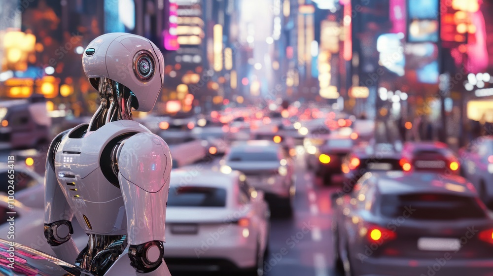 Poster ai robots managing traffic flow in a futuristic city, using smart sensors to direct vehicles and ped