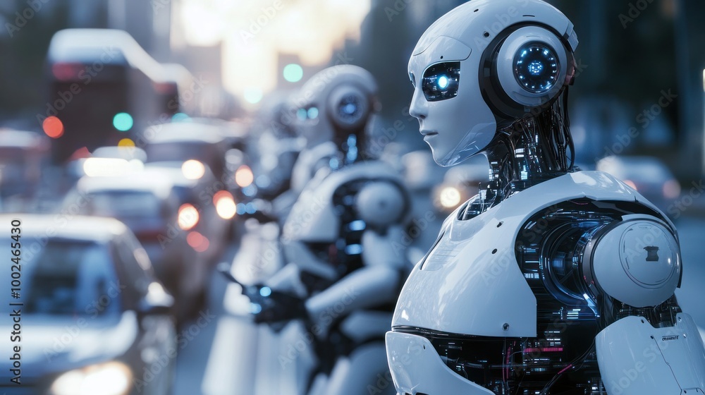 Poster ai robots managing traffic flow in a futuristic city, using smart sensors to direct vehicles and ped
