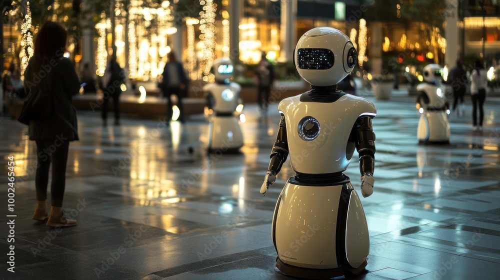 Poster ai robots monitoring public safety in a busy urban plaza, interacting with citizens while providing 