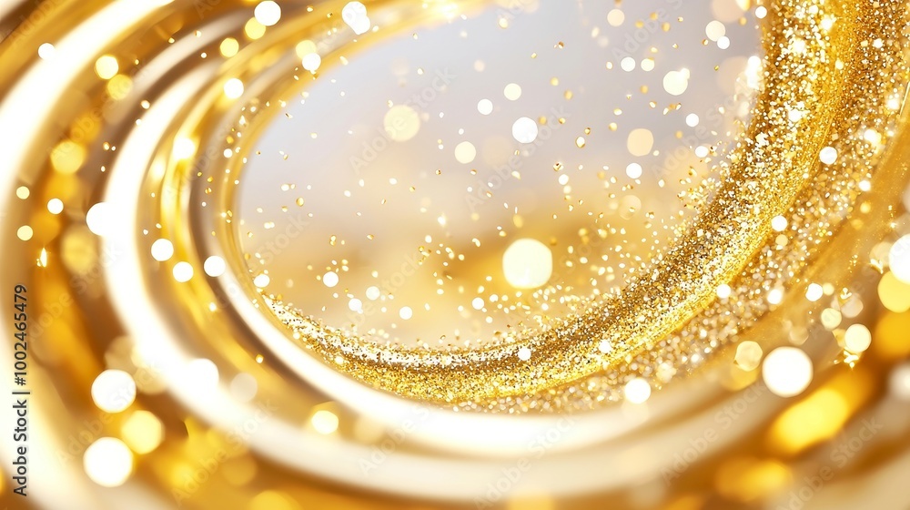 Poster golden swirl abstract design, shimmering lights and sparkling particles create a festive atmosphere,