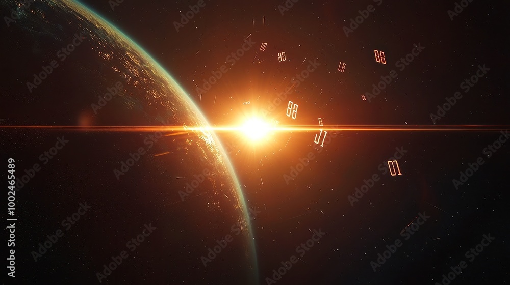 Poster futuristic digital landscape, vibrant light flares illuminating a sea of floating binary numbers, co