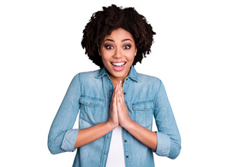 Portrait of astonished candid lady have surprise  positive content funny content scream...