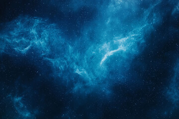 Vast cosmic expanse filled with swirling blue nebulae and sparkling stars at night