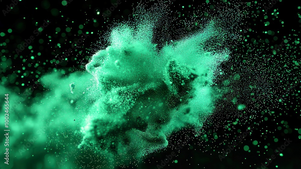 Poster lively green particles dance, a dynamic background featuring vibrant green particles in fluid motion