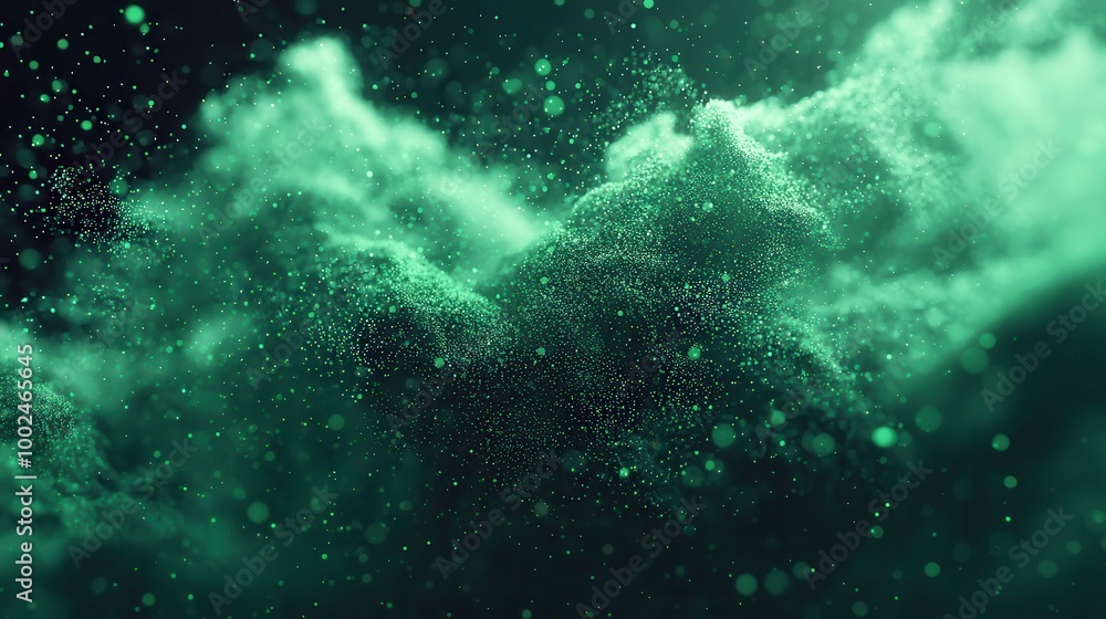 Poster lively green particles dance, a vibrant display of moving green particles with a bokeh effect, creat