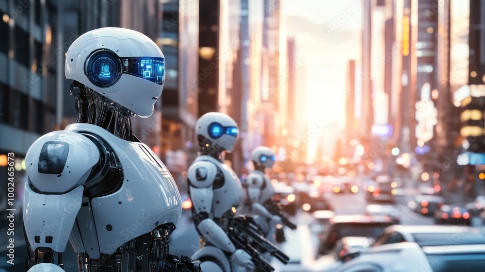 Poster ai robots patrolling the streets of a smart city, ensuring safety, and responding to emergencies wit
