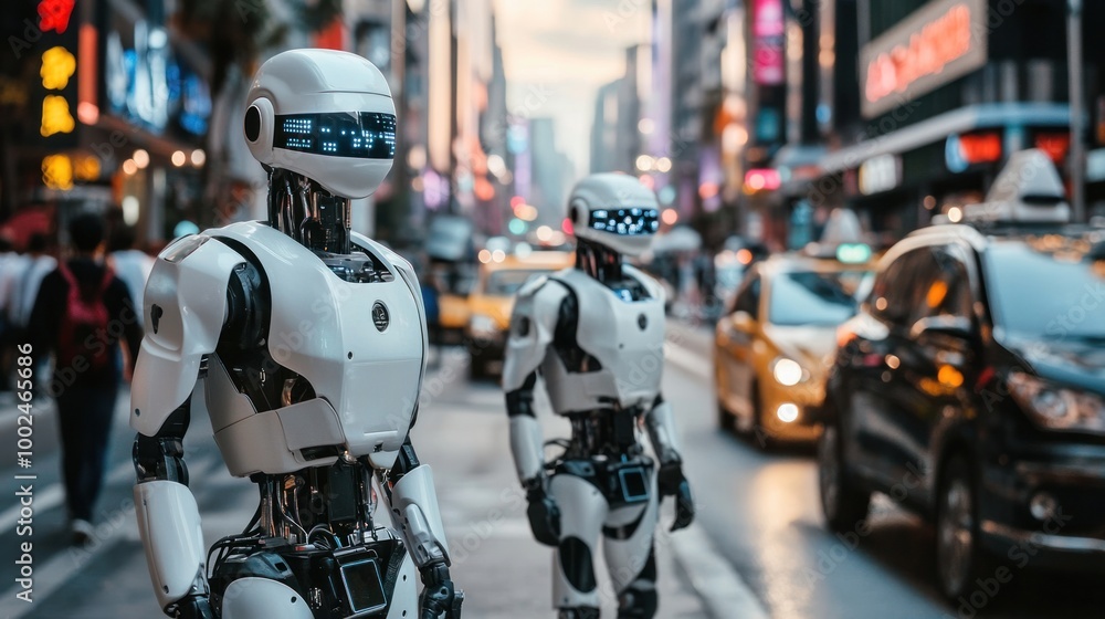 Poster ai robots patrolling the streets of a smart city, ensuring safety, and responding to emergencies wit