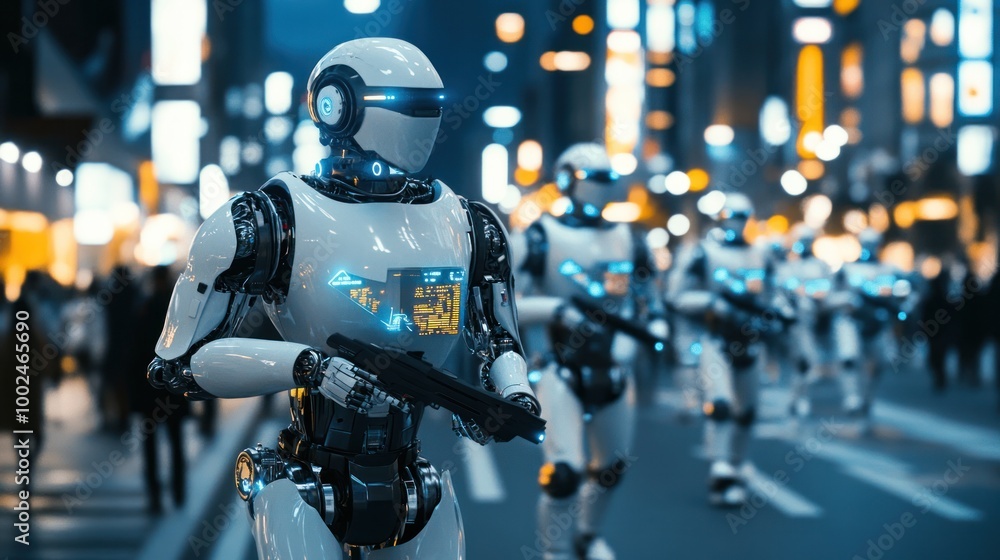 Poster ai robots patrolling the streets of a smart city, ensuring safety, and responding to emergencies wit