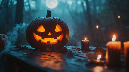 Obraz premium A glowing jack-o'-lantern with a carved pumpkin head, sitting on a wooden table, surrounded by burning candles in a foggy spooky forest under a full moon