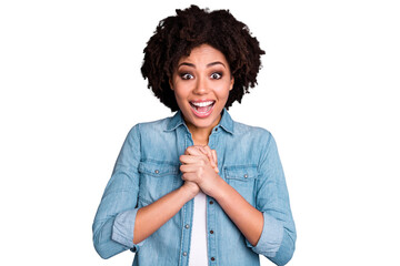 Portrait astonished content satisfied youth surprise  positive cheerful scream unbelievable...