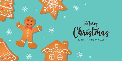 christmas greeting card with gingerbread cookies decoration on blue background vector illustration