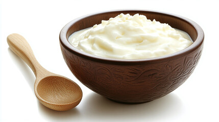 A bowl of yogurt on a white background with a wooden spoon