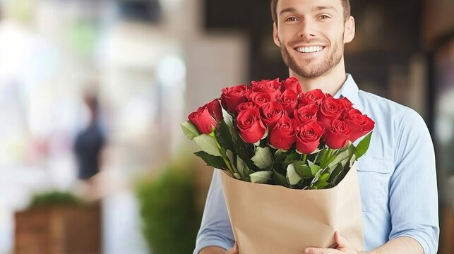 A charming man smiles while holding roses on a sunlit street, celebrating love and warmth on Valentine's Day