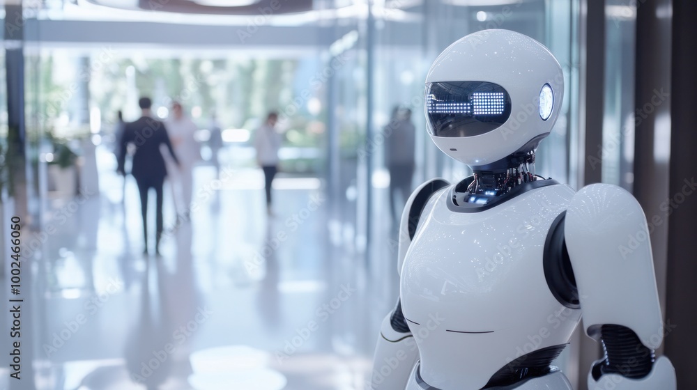 Poster ai robots working with people in office buildings, hospitals, and public spaces, creating a future w