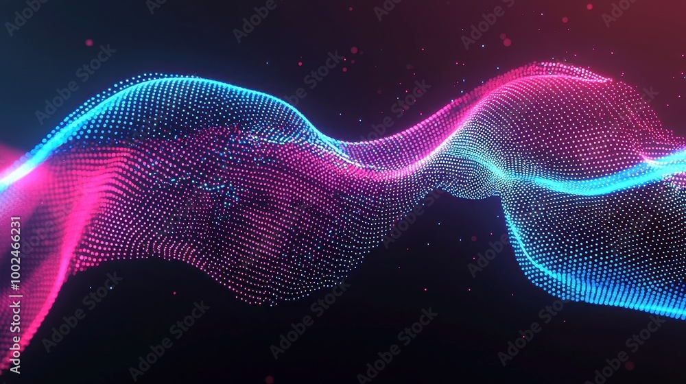 Poster fluid undulating lines in blue and red, intricately dotted, gracefully flowing against a deep black 