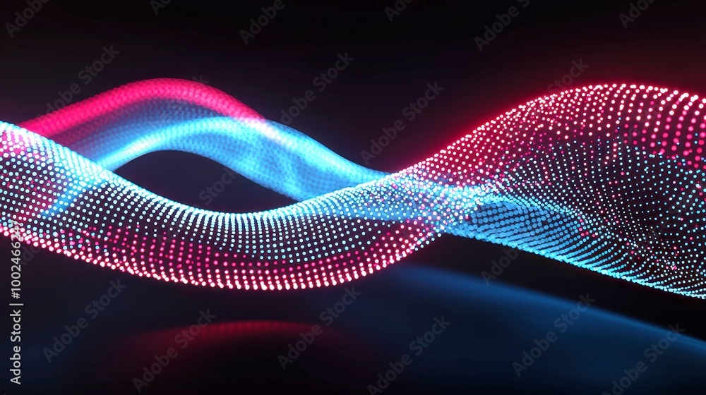 Poster wavy dotted lines animation, smooth flowing blue and red lines create a mesmerizing pattern against 