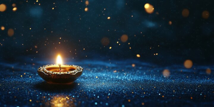 A single diya on a plush deep blue velvet surface with subtle reflective elements, with glitters and sparkles in air, low level angle, copy space, happy Diwali background, traditional, Indian festival