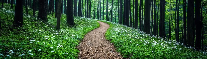Overgrown forest trail lined with wildflowers, leading into the depths of a lush green woodland, with light filtering softly through the trees