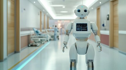 AI-powered robots assisting in healthcare facilities, providing medical support and helping with patient care in a modern urban hospital