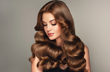 Beautiful model girl with long curly red hair . Smiling woman hairstyle wavy curls . Fashion ,...