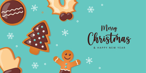 christmas greeting card with gingerbread cookies decoration on blue background vector illustration