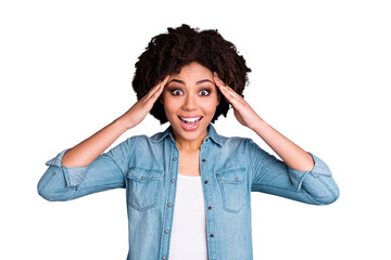 Portrait astonished cute charming teen teenager wait want expect impressed unexpected novelty...