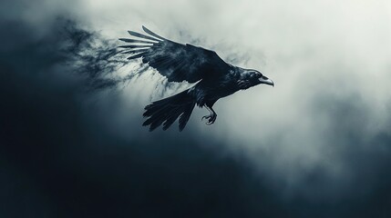 Fototapeta premium A bird flies effortlessly through a cloudy sky, its wings stretched wide, head held high