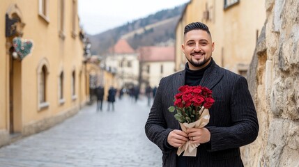 Fototapeta premium A charming middle-aged man smiles while holding roses on Valentine's Day in a picturesque street setting with natural light