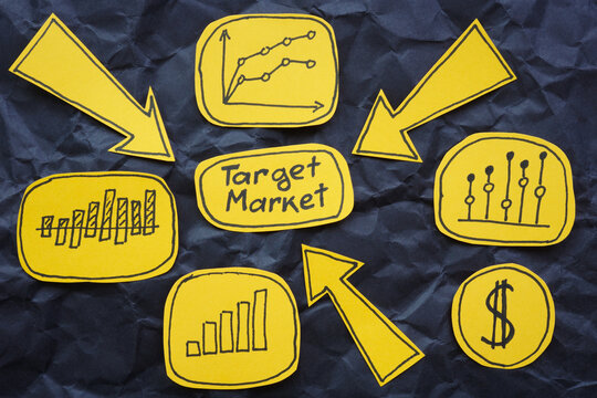 Graphs and the phrase target market. Symbolizes audience segmentation.