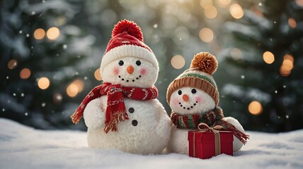 Fototapeta premium Snowman in celebration of Christmas and New Year's Day There is winter snow and a red gift box in the scene.