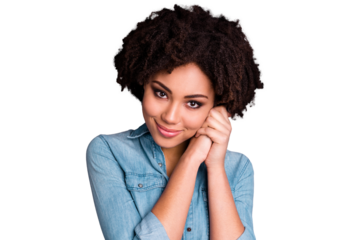 Close up photo of calm content lady youth place hands palms together cheeks feel glad classy gorgeous dressed modern denim clothes isolated grey background