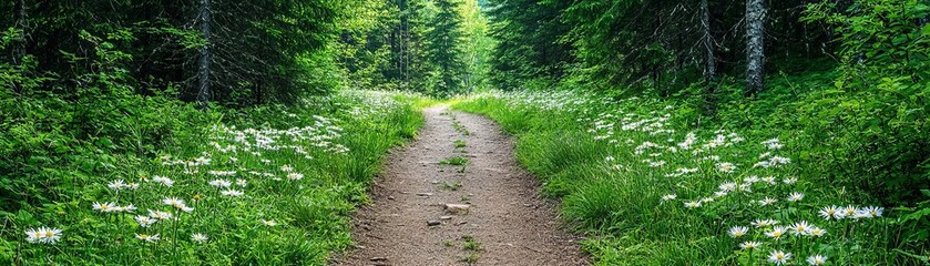 Obraz premium Overgrown forest trail lined with wildflowers, leading into the depths of a lush green woodland, with light filtering softly through the trees