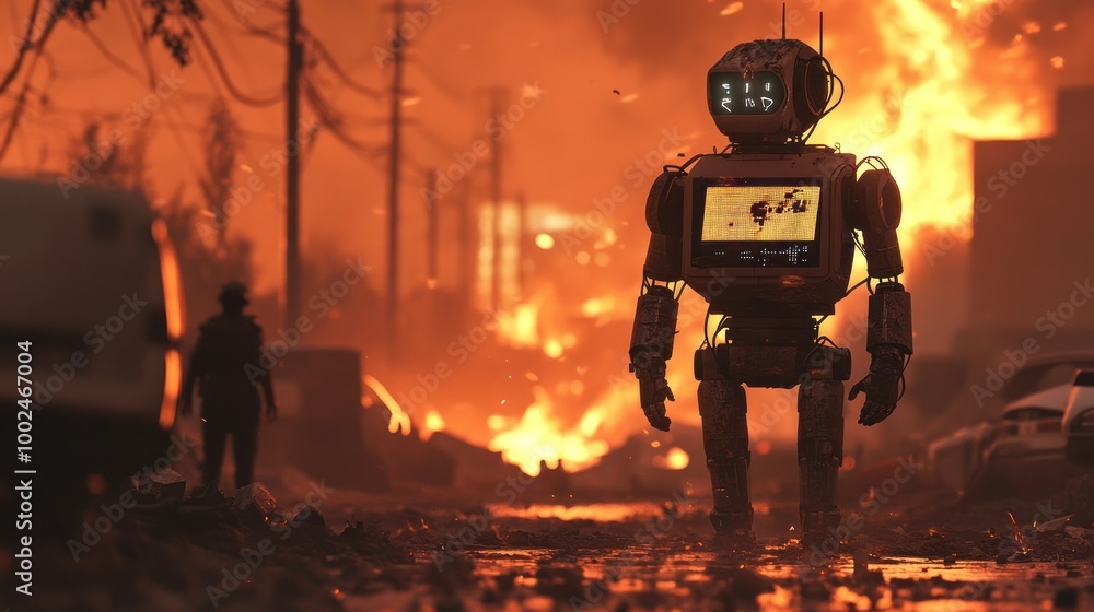 Poster ai-powered robots rushing into disaster zones, assisting humans with rescue operations in areas affe