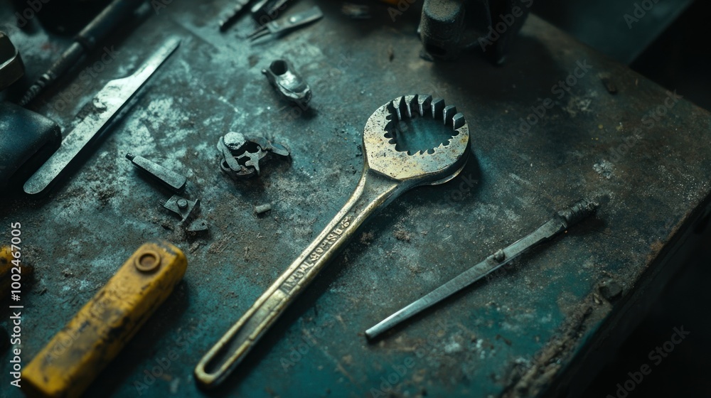 Aufkleber rusty wrench and assorted tools on a grungy workbench